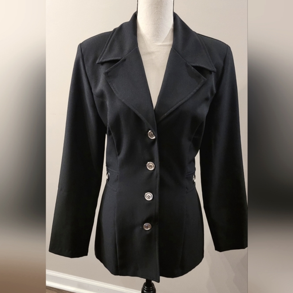 Black Tailored Blazer with Wide Lapels Silver Metal Buttons & Metal Ring Acdents